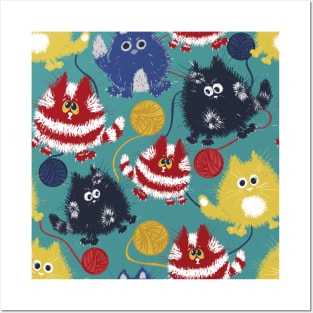 Bright Fluffy Cats Playing with Wool on Turquoise Background Posters and Art